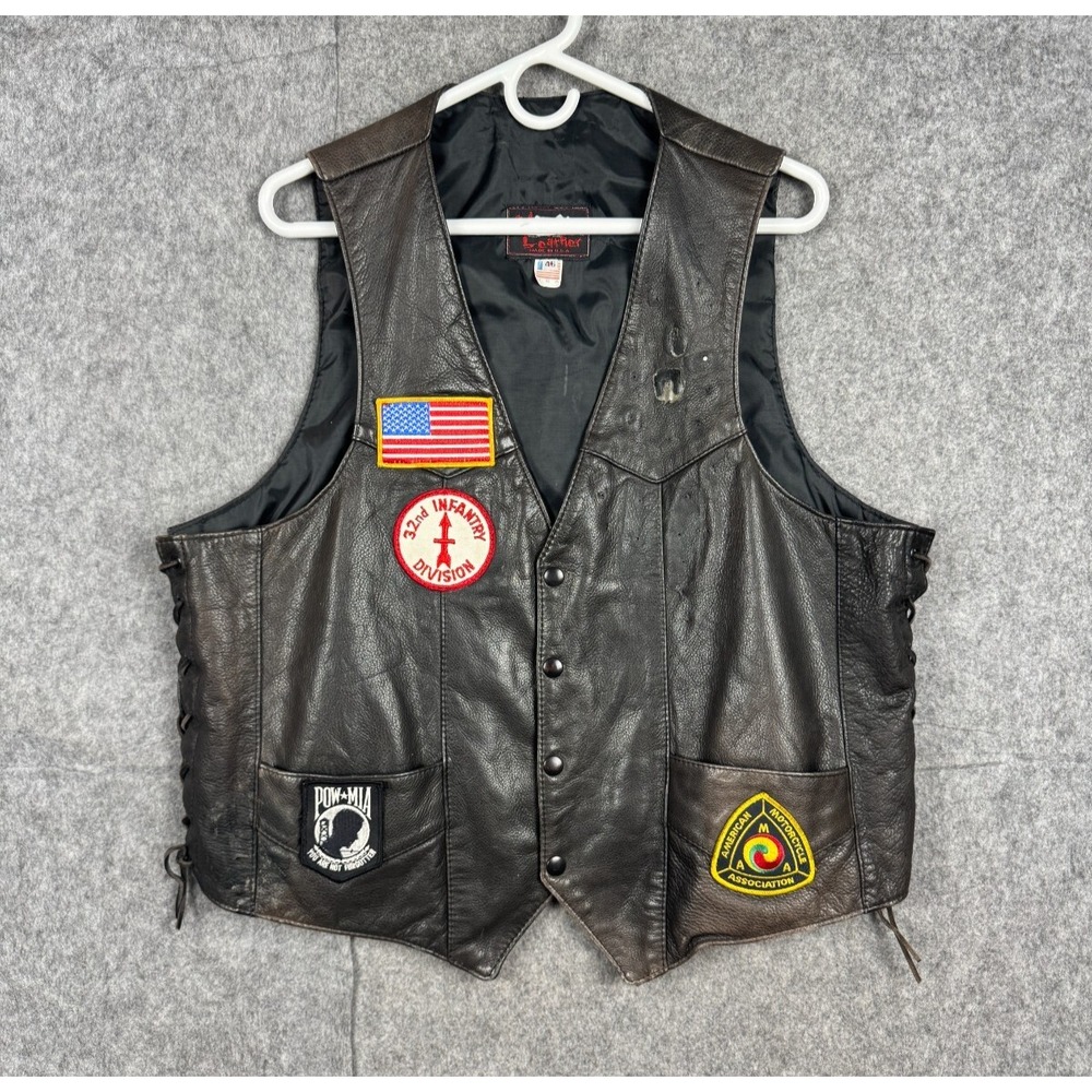 Hillside Leather Motorcycle Vest Men's 46 Brown Military Patch 32nd Infantry WW2